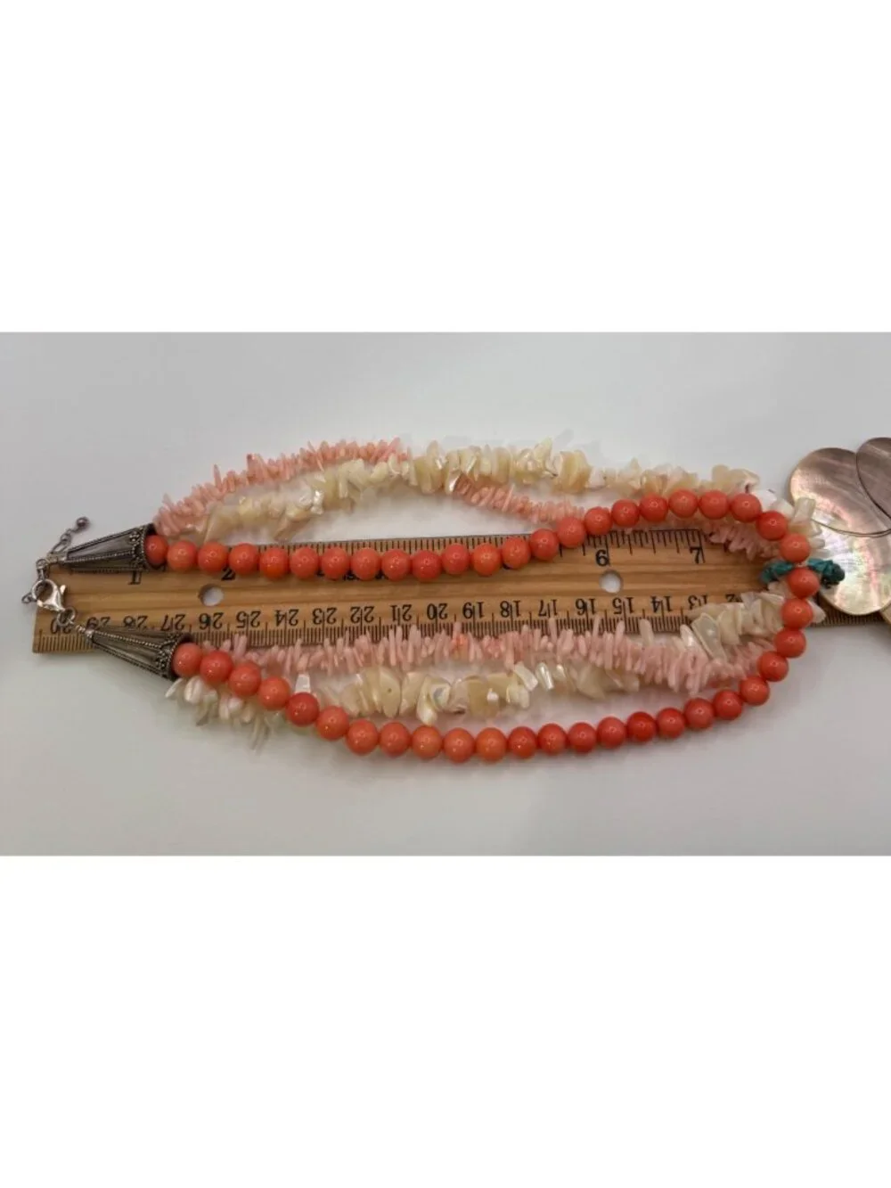 Vintage Coral Bead Multi Strand Necklace 925 Sterling MOP Shell Pendant Chunky - Picture 14 of 14